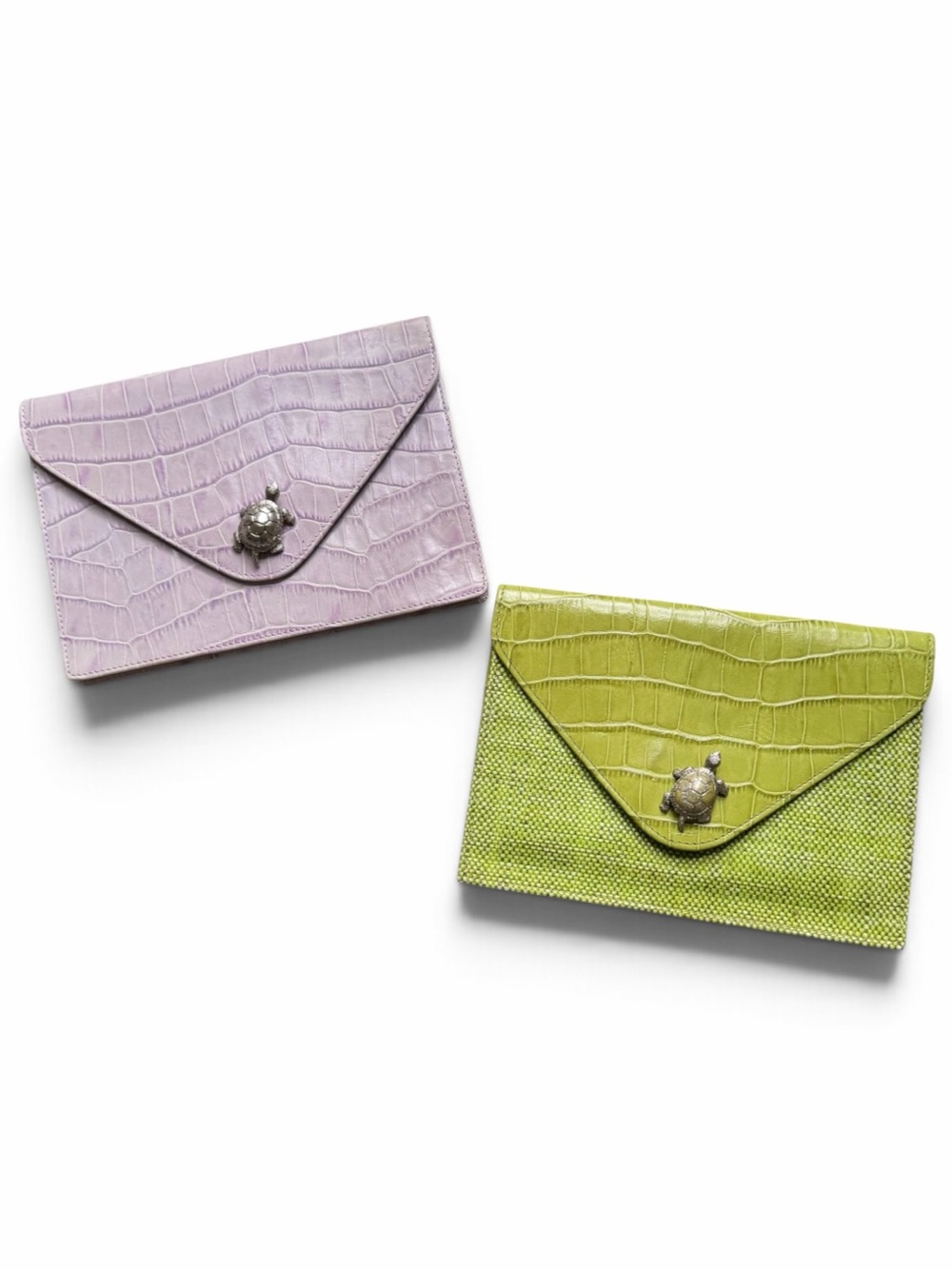 Set of 2 Karen Callan Crocodile Embossed Leather Turtle Envelope Clutch Purses